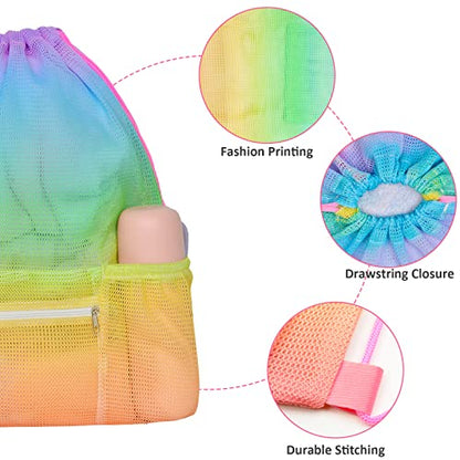 Mesh Drawstring Bag with Zipper Pocket, Beach Bag for Swimming Gear Backpack Gym Storage Bag for Adult - color: Rainbow