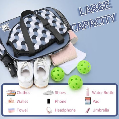 Boulder Bee Pickleball Bags, Premium Pickleball Tote Bag for Girls, Women’s Hand/Shoulder Gym Bag w Water Bottle Holder, with Pickleball Racquet/Paddle Holder - color: Blue Wave