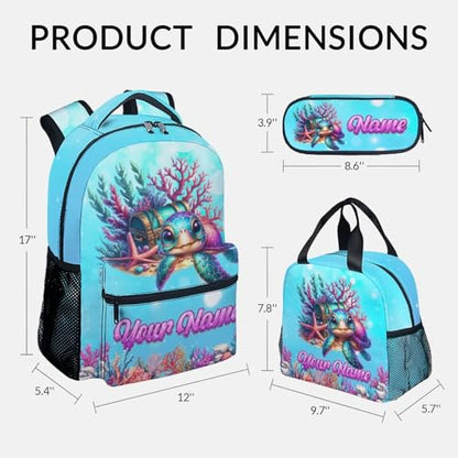 Mercuryelf Custom Girls Backpack Sea Turtle 3PCS Kids Backpack Set with Lunch Bag & Pencil Case, 17 Inch Water Resistant School Bookbag - color: Brown