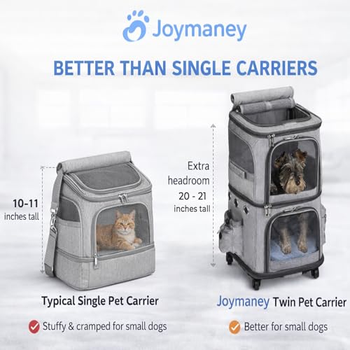 Double Pet Carrier Backpack with Wheels for Small Dogs & Cats, Dual Compartment Rolling Carrier for Vet Visits & Road Trips (Not Designed for Under-Seat Airline Travel, Check Size Guide)