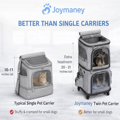 Double Pet Carrier Backpack with Wheels for Small Dogs & Cats, Dual Compartment Rolling Carrier for Vet Visits & Road Trips (Not Designed for Under-Seat Airline Travel, Check Size Guide)