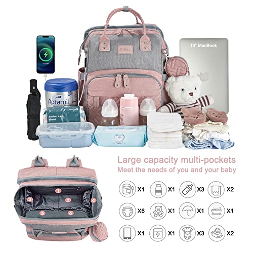 JOLLITO Baby Diaper Bag Backpack with Changing Station, Large Capacity, Stroller Straps and USB Charging Port, Baby Registry Search for Boys & Girls - color: Pink