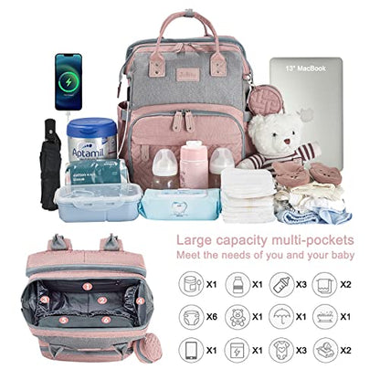 JOLLITO Baby Diaper Bag Backpack with Changing Station, Large Capacity, Stroller Straps and USB Charging Port, Baby Registry Search for Boys & Girls - color: Pink