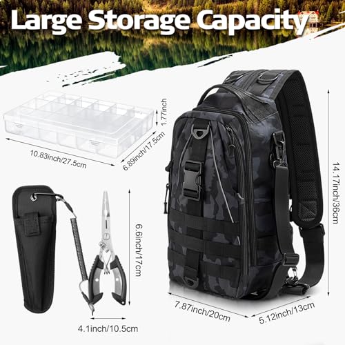 RoundFunny 85 Pcs Fishing Backpack with Tackle Boxes, Tackle Sling Bag with Rod Holder, Fish Lures and Pliers, Fish Tools Gears & Equipment Father's Day Fishing Gift for Dad Men - color: Incognito Camouflage