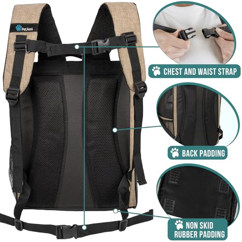 PetAmi Dog Backpack Carrier for Small Medium Dogs Large Cats up to 18 lbs, 2 Side Entry, Structured No-Collapse Frame, Airline Approved Ventilated Pet Backpack for Hiking Camping Travel Vet, Taupe - color: Heather Taupe