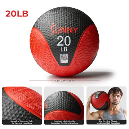 Sunny Health & Fitness Medicine Ball, Textured Rubber, Core Strength & Balance Training, Bouncing, Weight for Home Workouts 4,6,8,10,12,15,20,25,30LB Options - size: 20 LB