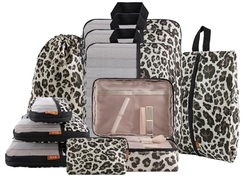 U+U 10 Set Compression Packing Cubes - Ultralight Leopard Travel Organizers with Laundry Bag, Space-Saving Suitcase Organizer, Expandable Packing Cubes for Travel and Family Vacation (Leopard) - color: Leopard-02, size: 10 Set