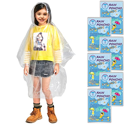 TUNCHMO Disposable Rain Ponchos 6 Pack for Adults/Kids/Family Set-50% Thicker Emergency Ponchos - color: Kids Clear 6 Pack
