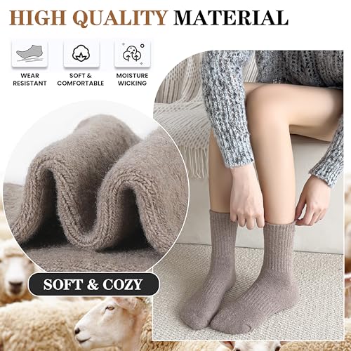 MOGGEI 5 Pairs Womens Merino Wool Socks Hiking Warm Winter Thick Thermal Crew Cozy Cabin Ladies Gift Comfy Boot Work Socks - color: Black/Grey/Light Coffee/Caramel/Beige