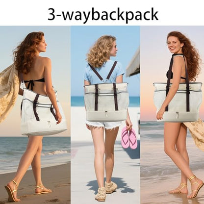 Mesh Beach Bag with Cooler Large Travel Family Vacation Essentials Pool Swimming Zipper Pocket Durable 9 Pockets - color: Beige