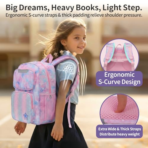 Kids Backpack for Girls - 17 Inch Insulated School Bag Ages 8-10 | Elementary Backpack for Grades 3-5, Fits Binder Laptop, Insulated Pocket, Reflective Strips, S-Curve Straps, Pink Tie Dye - color: Pink Tie-dye