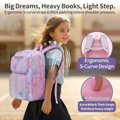 Kids Backpack for Girls - 17 Inch Insulated School Bag Ages 8-10 | Elementary Backpack for Grades 3-5, Fits Binder Laptop, Insulated Pocket, Reflective Strips, S-Curve Straps, Pink Tie Dye - color: Pink Tie-dye