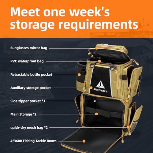 Ghosthorn Fishing Tackle Backpack with 4 3600 Tackle Boxes Rod Holder Outdoor 43L Large Bag with Detachable Wasit Bag Storage Fishing Gear and Equipment Waterproof - color: With 3600*4 Khaki (43l)