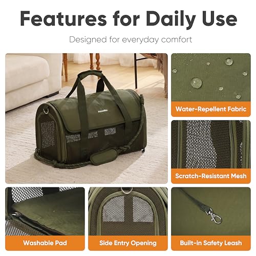 FUKUMARU Cat Carrier, Light & Airy Pet Carrier, 18x11x11 Airline Approved Dog Carrier for Small Dogs, 2-in-1 Shoulder Strap Leash, Collapsible Soft Cat Travel Carrier with Anti-Scratch Mesh, Green - color: Green