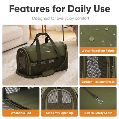 FUKUMARU Cat Carrier, Light & Airy Pet Carrier, 18x11x11 Airline Approved Dog Carrier for Small Dogs, 2-in-1 Shoulder Strap Leash, Collapsible Soft Cat Travel Carrier with Anti-Scratch Mesh, Green - color: Green
