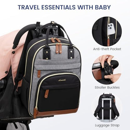 LOVEVOOK Diaper Bag Backpack, Baby Bag with Changing Pad, Large Diaper Backpack Boy Girl, Waterproof Baby Registry Bag for Mom Dad with Stroller Buckles, Black-grey-brown - color: Black-grey-brown