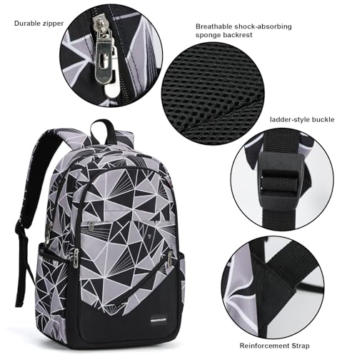 Boys' Large School Backpack, for 8-16 Years Old, Elementary - High School (Geometric black and gray, Large：19.5×7.2×13.25 inch) - color: Geometric Black and Gray