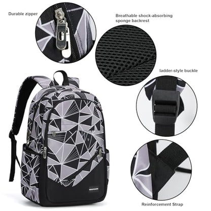 Boys' Large School Backpack, for 8-16 Years Old, Elementary - High School (Geometric black and gray, Large：19.5×7.2×13.25 inch) - color: Geometric Black and Gray