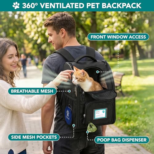 PetAmi Expandable Dog Backpack Carrier for Cats & Pets, Breathable Cat Carrier Backpack with Top Window & Multi-Entry, Ventilated Foldable Travel Carrier for Small Medium Pets up to 18 lbs, Black - color: Black
