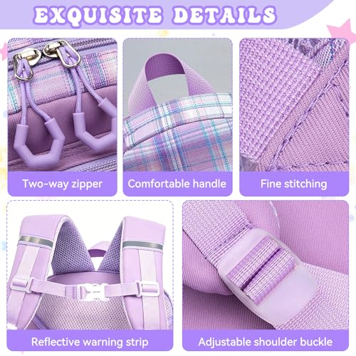 Kids Backpack for Girls,Cute Plaid Backpack,Preppy Bookbag for Elementary & Middle School Students,Large Capacity School Bag,17 Inch,Purple - color: Purple