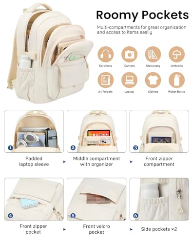 Cute Backpacks for Girls, Teens Aesthetic High School Laptop Backpack College Student Women Bookbag, Mochilas Escolares para Niñas, Beige - color: Beige, size: 15.6in