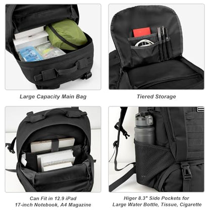Jueachy Tactical Backpack for Men Hiking Day Pack Molle Military Rucksack Waterproof 30L EDC Bag with USA Flag Patch - color: 35l-black
