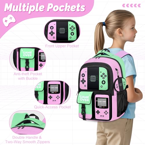 Gamer Backpack for Girls, 4pcs Gaming Girls Backpack with Lunch Box and Pencil Case for Kids, Video Gamer School Bags - color: Multicolor