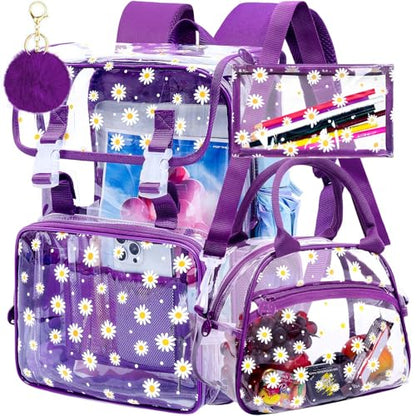 3Pcs Clear Backpack for School, Girls Kids Transparent Bookbag Set, 17" Daisy Stadium Approved See Through Backpack with Lunch Box (Deep Purple) - color: Purple Dasiy