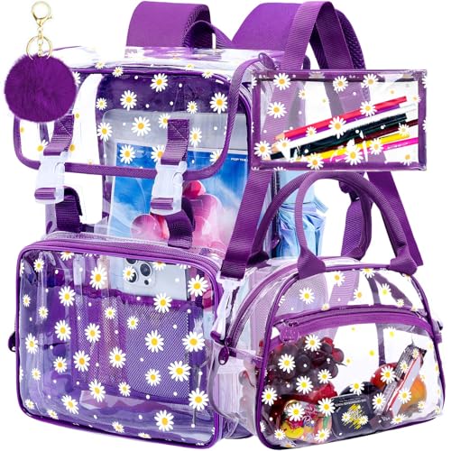 3Pcs Clear Backpack for School, Girls Kids Transparent Bookbag Set, 17" Daisy Stadium Approved See Through Backpack with Lunch Box (Deep Purple) - color: Purple Dasiy