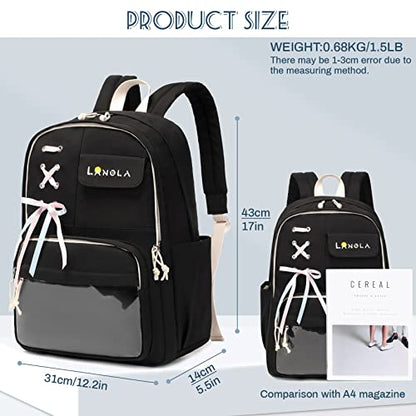 Lanola Teen Girl School Backpack Casual Daypack Bookbag Elementary College Travel Backpack with Cute Ribbon for Girls - color: Black