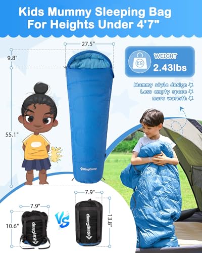 KingCamp 45°F Kids Sleeping Bag, Lightweight Waterproof & Compact Flannel Sleeping Bags Cold Weather & Warm Youth Essentials Gear Accessories for Camping, Fits 10-12 Children up to 4'7"-5'5" Tall - color: Mummy 8.6°F ~42.8°F Blue