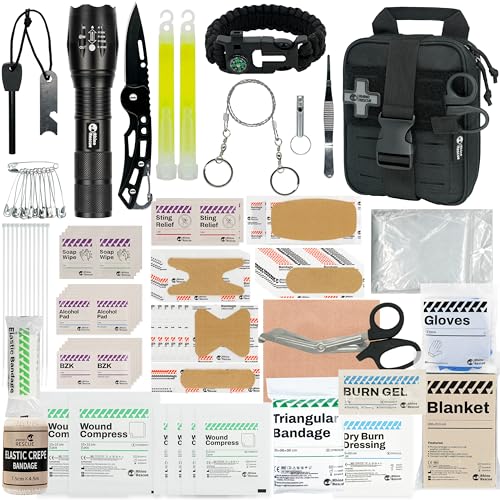 RHINO RESCUE Survival First Aid Kit, HSA/FSA Eligible, Emergency Kit Molle Pouch IFAK Medical Kit for Vehicles Car Camping Backpacking Hiking Hunting - color: Black