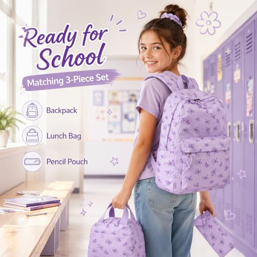 LEDAOU Kids Backpack for Girls Backpacks with Lunch Box, Lightweight Bookbag Set Elementary Middle School Back pack for 8-14 - color: Small Flower Bow - Purple