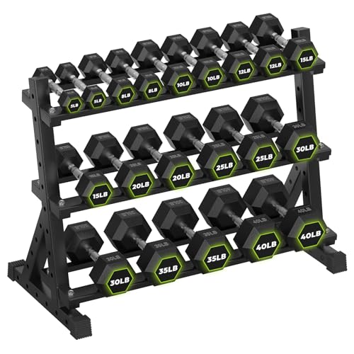 HANDBODE 3-Tier Dumbbell Rack Stand, 1000LB Capacity Storage Rack, Weight Rack for Dumbbells, Kettlebell, 390–700 lb Rubber Coated Fixed Weight Sets, Home Gym Strength Training Equipment - color: 400 lb Set (5-40 lb) *2 & Rack