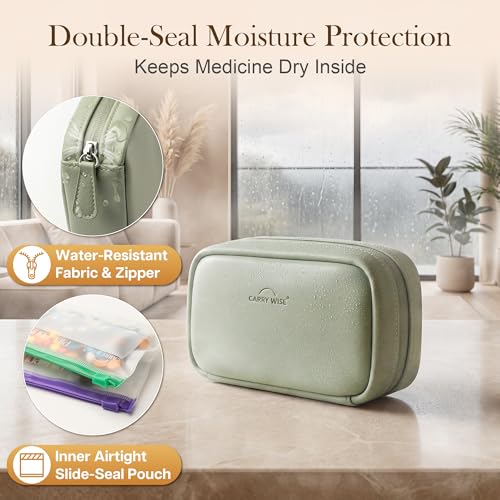 Weekly Pill Organizer,Vegan Leather Travel Medicine Bag - Pill Container with 7 Color-Coded Resuable Waterproof Pills Pouches, Dual-Sided Labeling Design & Reminder Spinner for Vitamins, Supplements - color: Green