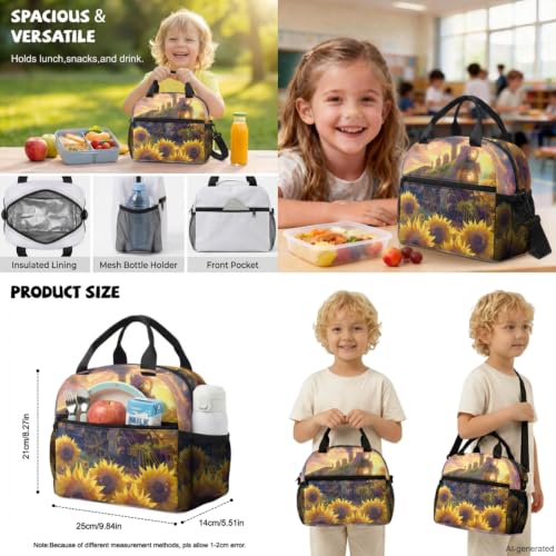 ZDCUSTOM Sunflower Train Backpack with Lunch Box for School, 17 Inch Bookbag Set for Kids School Backpack with Water Bottle Sleeves, Pencil Case Pouch, Keychain, Back to School Supplies - color: Sunflower Train