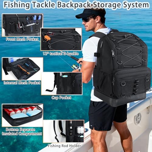 Fishing Backpack with Rod Holder, Heavy Duty Fishing Bag with Waterproof Bottom, Tackle Backpack Gifts for Man Woman-Black - color: Black