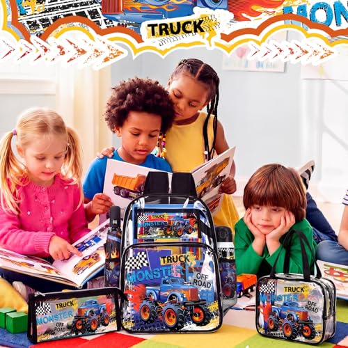 Kacctyen 3 Pcs Clear Backpack for Heavy Duty Clear Stadium Bag Transparent Backpack with Lunch Bag(Black,Monster Truck) - color: Black