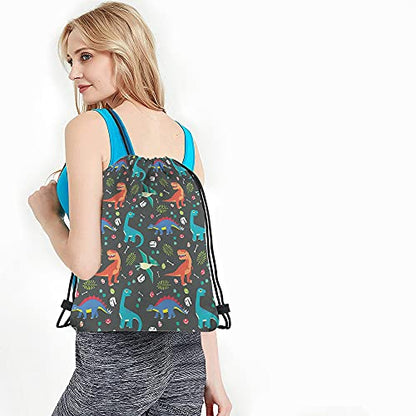 Multicolor Dinosaur Drawstring Backpack, 14x16.9 Inch, Unisex, Waterproof, Polyester, Modern, Double-sided Printed Graphic, Adjustable Drawstring, Multi-purpose, Sport, Travel, Work - color: Multi-a118