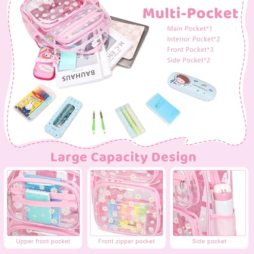 ACESAK Clear Backpack for Girls - 3 Pcs Clear Backpack Heavy Duty with Lunch Bag - See Through Bookbag Stadium Approved for Kids Middle High College School Sport Travel (Pink Daisy) - color: Pink Daisy