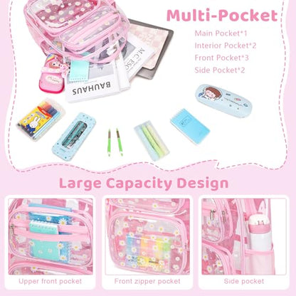 ACESAK Clear Backpack for Girls - 3 Pcs Clear Backpack Heavy Duty with Lunch Bag - See Through Bookbag Stadium Approved for Kids Middle High College School Sport Travel (Pink Daisy) - color: Pink Daisy