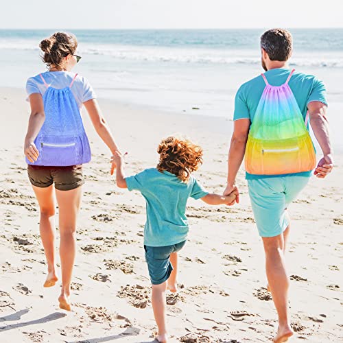 Mesh Drawstring Bag with Zipper Pocket, Beach Bag for Swimming Gear Backpack Gym Storage Bag for Adult - color: Rainbow