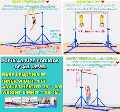 Marfula Gymnastic Bar For Kid and Teenage of 3-25, 5Ft/8 FT Base Length 4Ft Width 5Ft Adjust Height, Gymnastic Kip Bar For Gymnast, Gymnastic Training Equipment For Professional Training Home Club Use - color: Blue (Bar with Mat - 8 Ft Base)