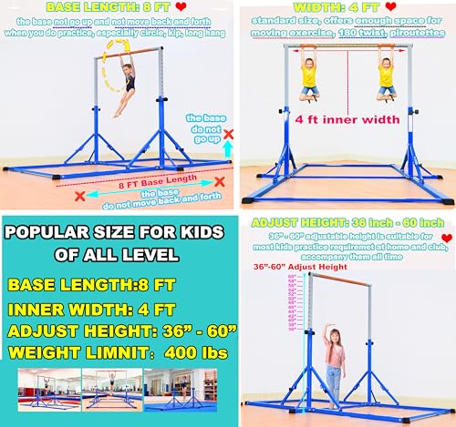 Marfula Gymnastic Bar For Kid and Teenage of 3-25, 5Ft/8 FT Base Length 4Ft Width 5Ft Adjust Height, Gymnastic Kip Bar For Gymnast, Gymnastic Training Equipment For Professional Training Home Club Use - color: Blue(New Style - 8 Ft Base)