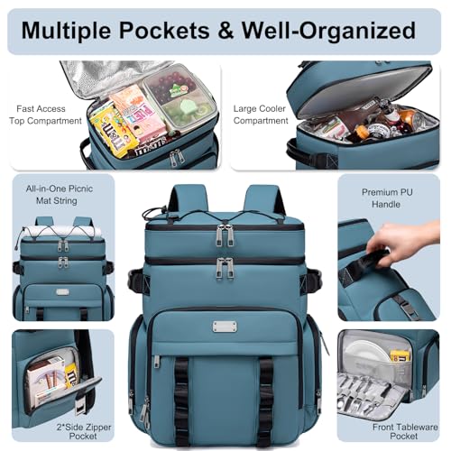 Weitars Insulated Cooler Backpack,Double Deck Waterproof Soft Cooler Bag,Backpack Coolers Leak Proof Lunch Backpack for Men Women for Travel,Camping,Picnic,Beach,Picnic,Outdoor 31L/52 Can - color: Blue