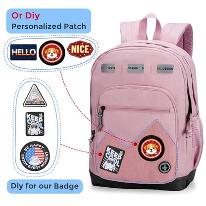 Swissdigital Design Big Student Laptop Backpack with Fun Personalized Patches For College Boy & Girl, Middle High School Teen Bookbag Cool Travel Daypack Pink -Includes 3 Patches | SD1718-81 - color: Pale Pink
