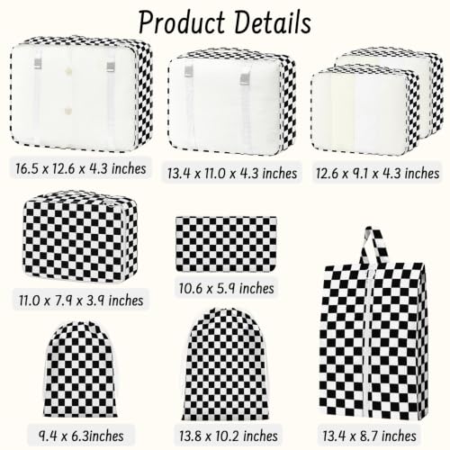 9 Set Packing Cubes for Travel Essentials - Lightweight Carry-On Luggage Organizer Bags with Shoe, Clothes & Laundry Bags for Airplane, Family & Business Travel, Black checkered - color: Black checkered