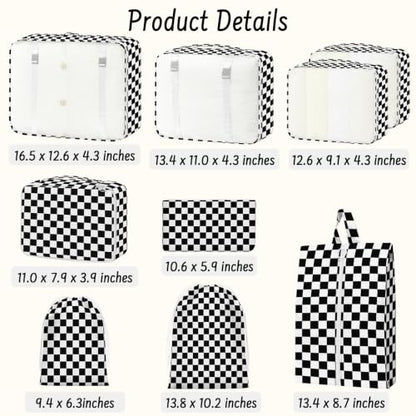 9 Set Packing Cubes for Travel Essentials - Lightweight Carry-On Luggage Organizer Bags with Shoe, Clothes & Laundry Bags for Airplane, Family & Business Travel, Black checkered - color: Black checkered