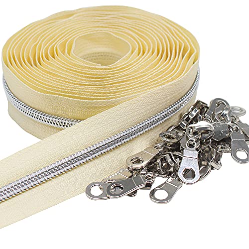 MebuZip #5 Silver Metallic Nylon Coil Zippers by The Yard Bulk Coil Zipper Roll 10 Yards with 25pcs Pulls for DIY Sewing Craft Bags (Beige) - color: Silver Beige