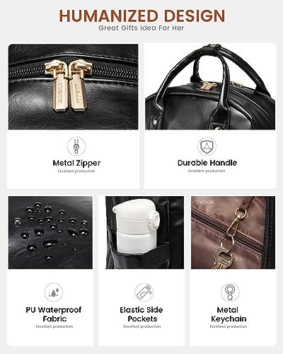 LOVEVOOK Vintage PU Leather 15.6 inch Women's Laptop Backpack, Black, 25L, Water Resistant, USB Charging Port